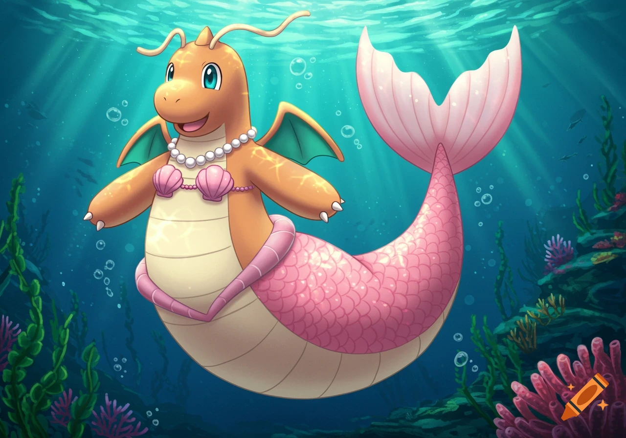 Dragonite with a pink mermaid tail, pink seashell bra, and pearl necklace swimming underwater in an anime style.