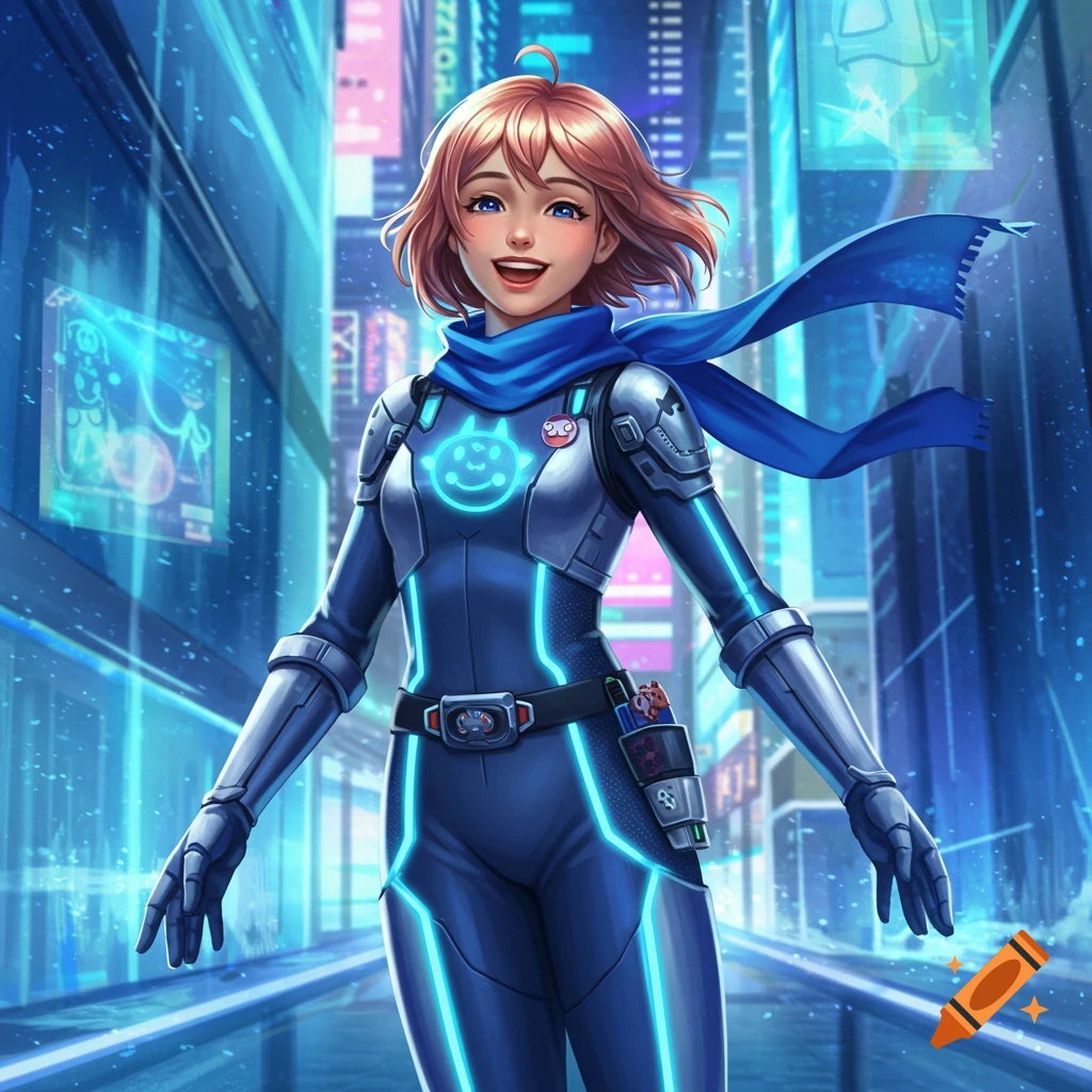 A cheerful young woman in a futuristic blue and gray armored suit smiles in a glowing cyberpunk city street, digital art style.
