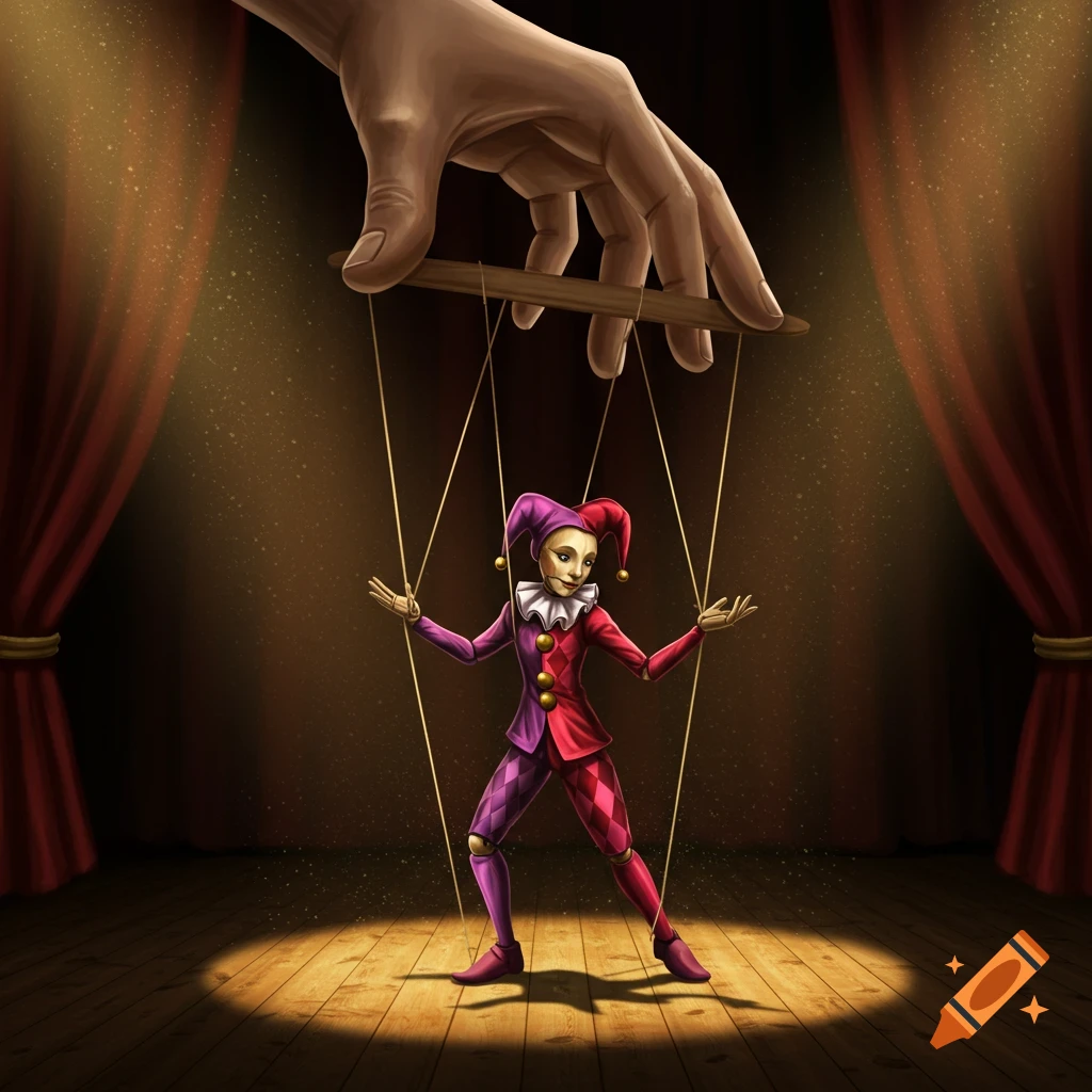 A large human hand manipulates the strings of a jester-like marionette under a spotlight on a wooden stage with red curtains.