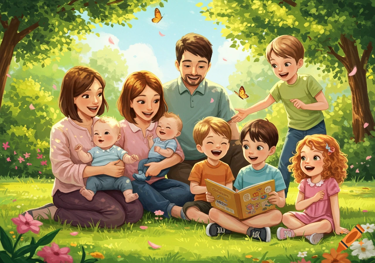 An illustration of a large, happy family with parents and multiple children sitting in a park, with two boys reading a book.