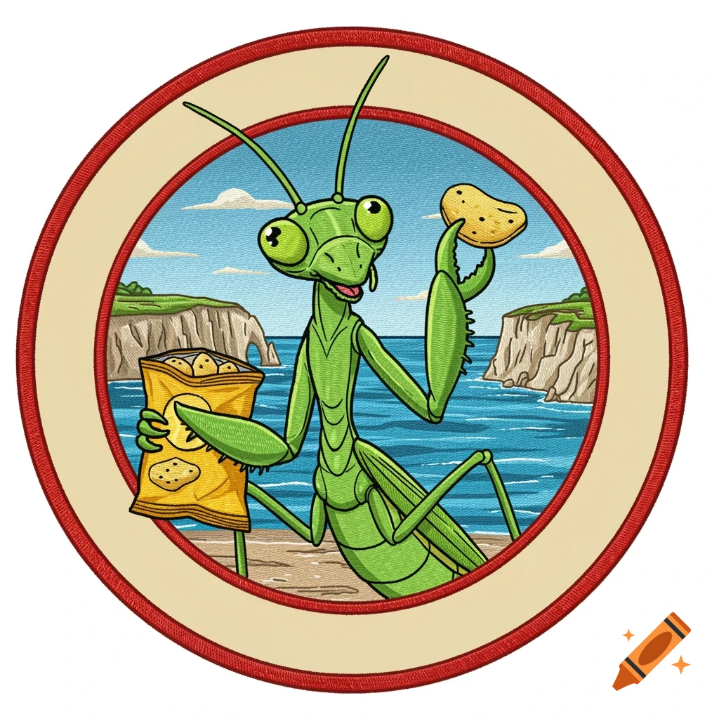 A cartoon praying mantis holds a bag of potato chips in one claw and a single chip in the other, standing on a beach with coastal cliffs and ocean in the background, stylized as an embroidered patch.