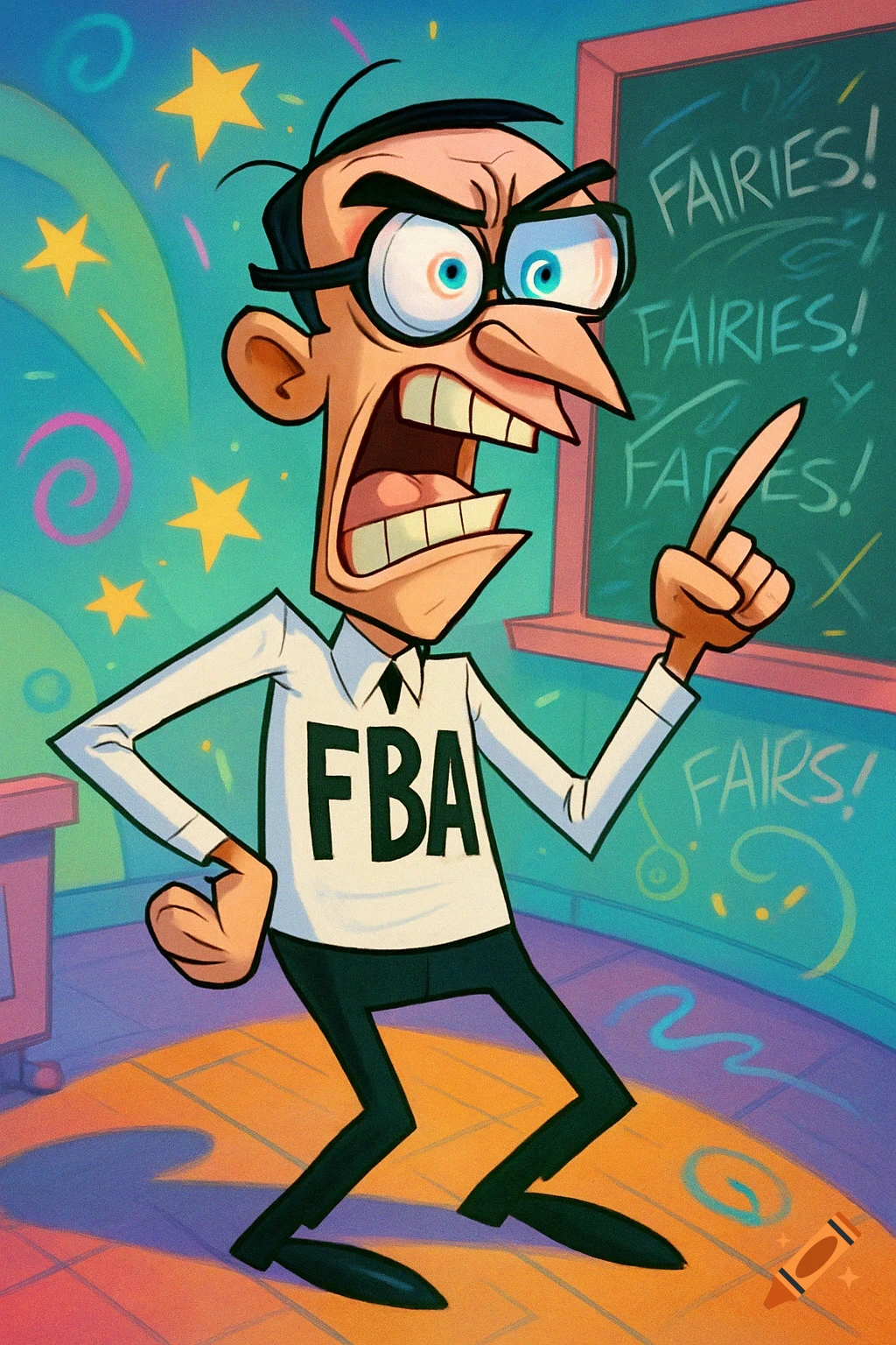 Cartoon Mr. Crocker yelling and pointing in a classroom, wearing a white shirt with 'FBA' on it and a blackboard with 'FAIRIES!' written.