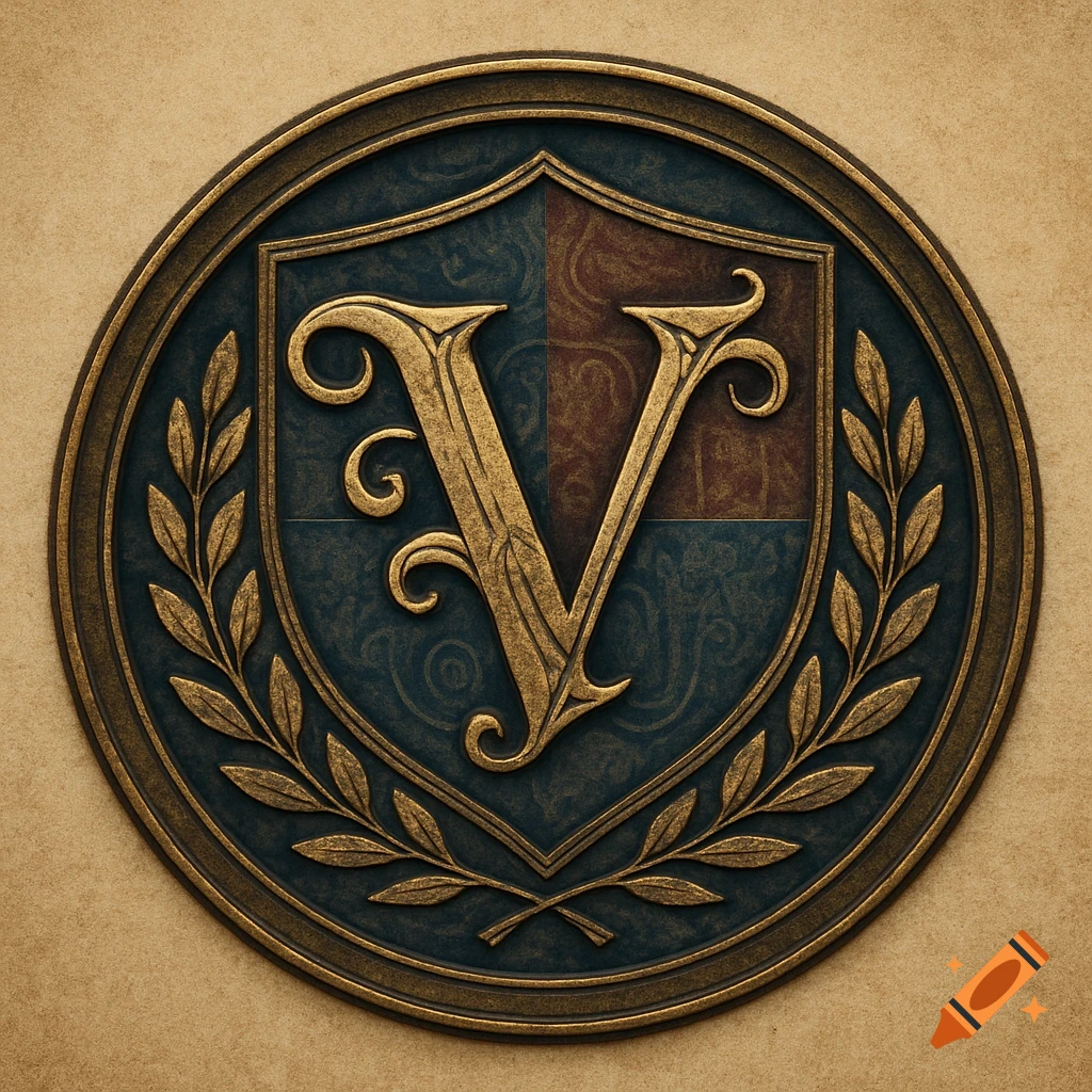An ornate vintage gold letter V on a blue and red shield emblem surrounded by laurels.