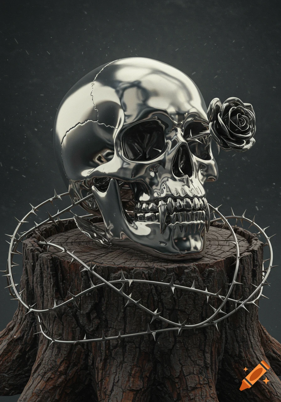 A highly reflective chrome skull with fangs sits on a tree stump, with a chrome rose in its eye socket and thorn vines.
