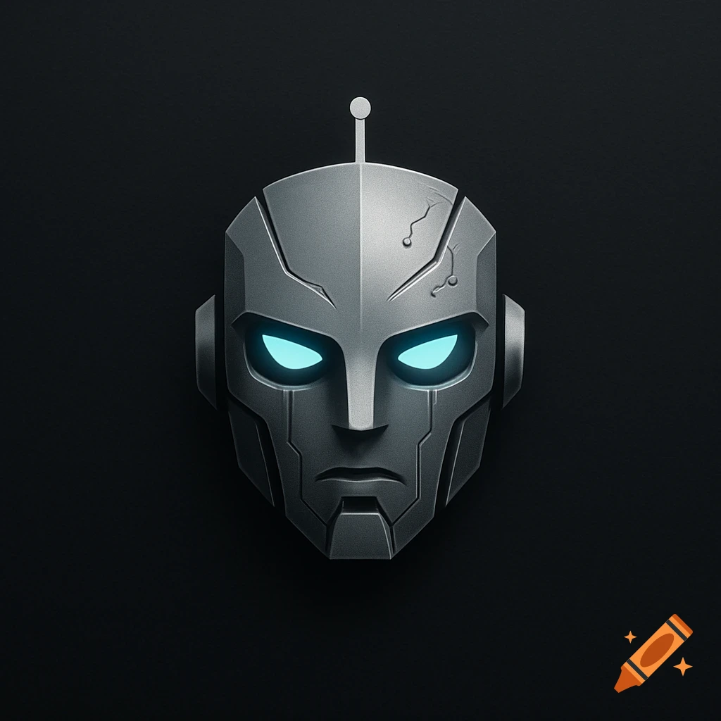 Stylized gray metallic robot head with glowing blue eyes and an antenna against a dark background, in a futuristic logo style.