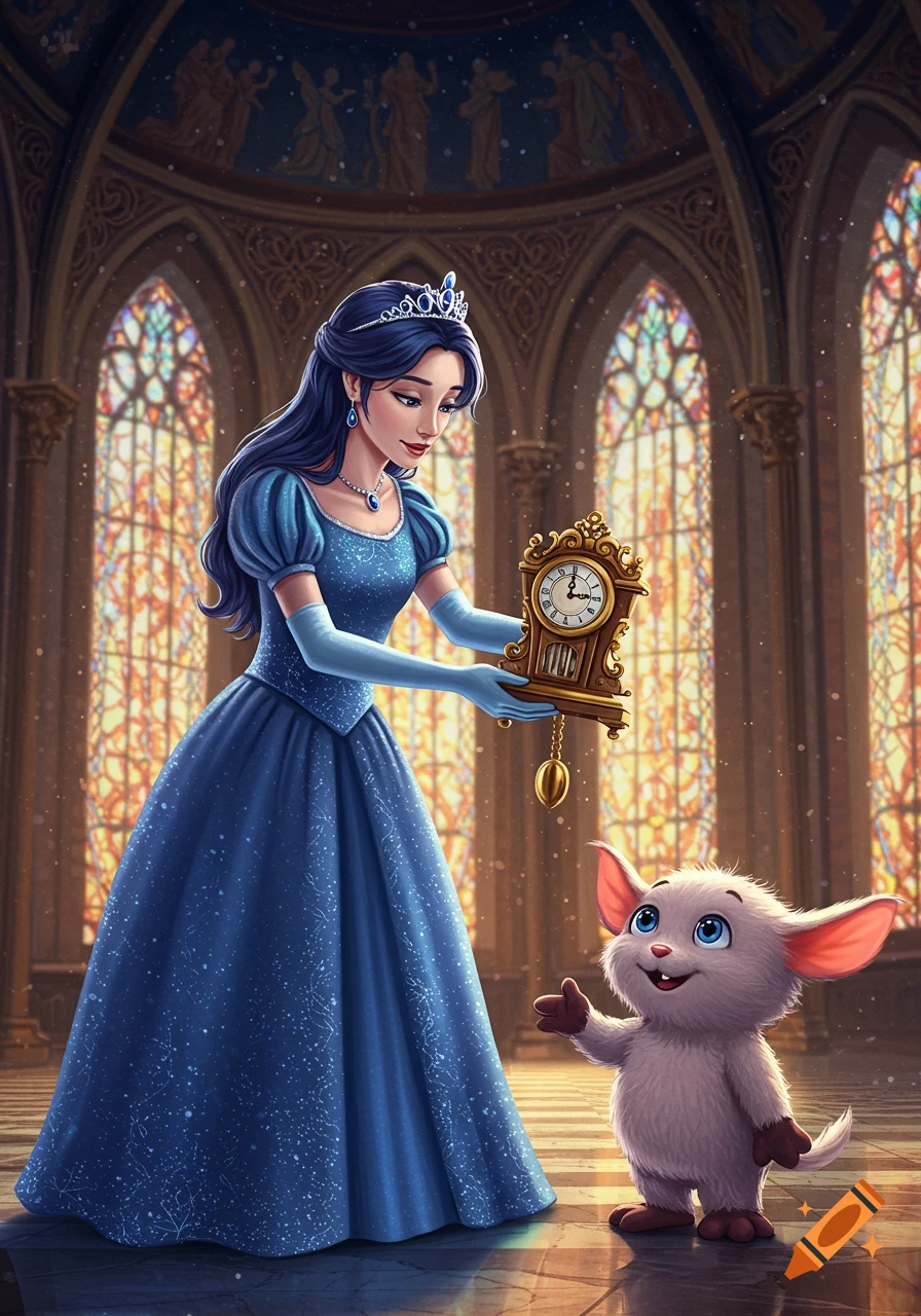 A princess in a blue gown holding a golden clock for a small, furry, mouse-like creature in a grand castle hall.