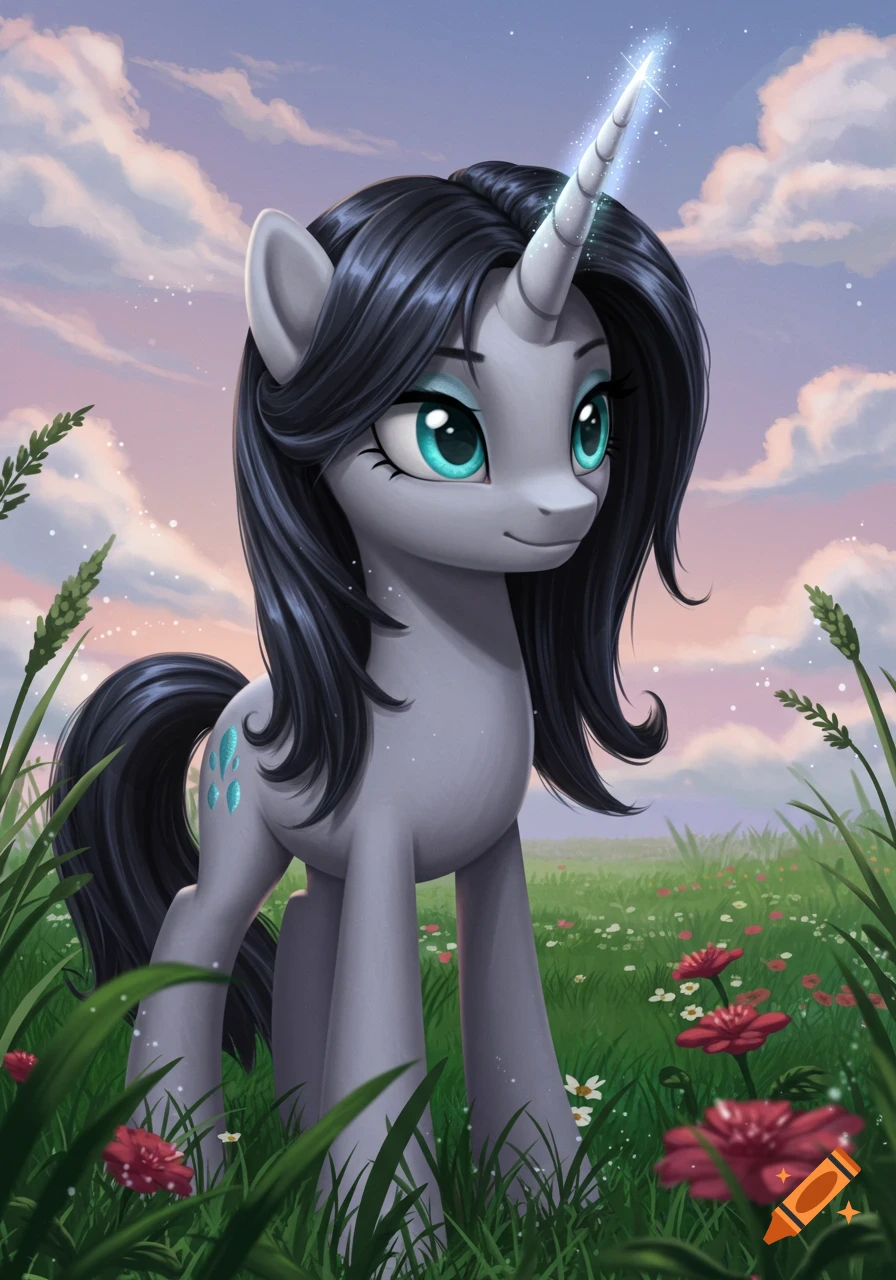 A gray My Little Pony style unicorn with black hair, bright blue eyes, and a sparkling white horn stands in a field of grass and flowers.