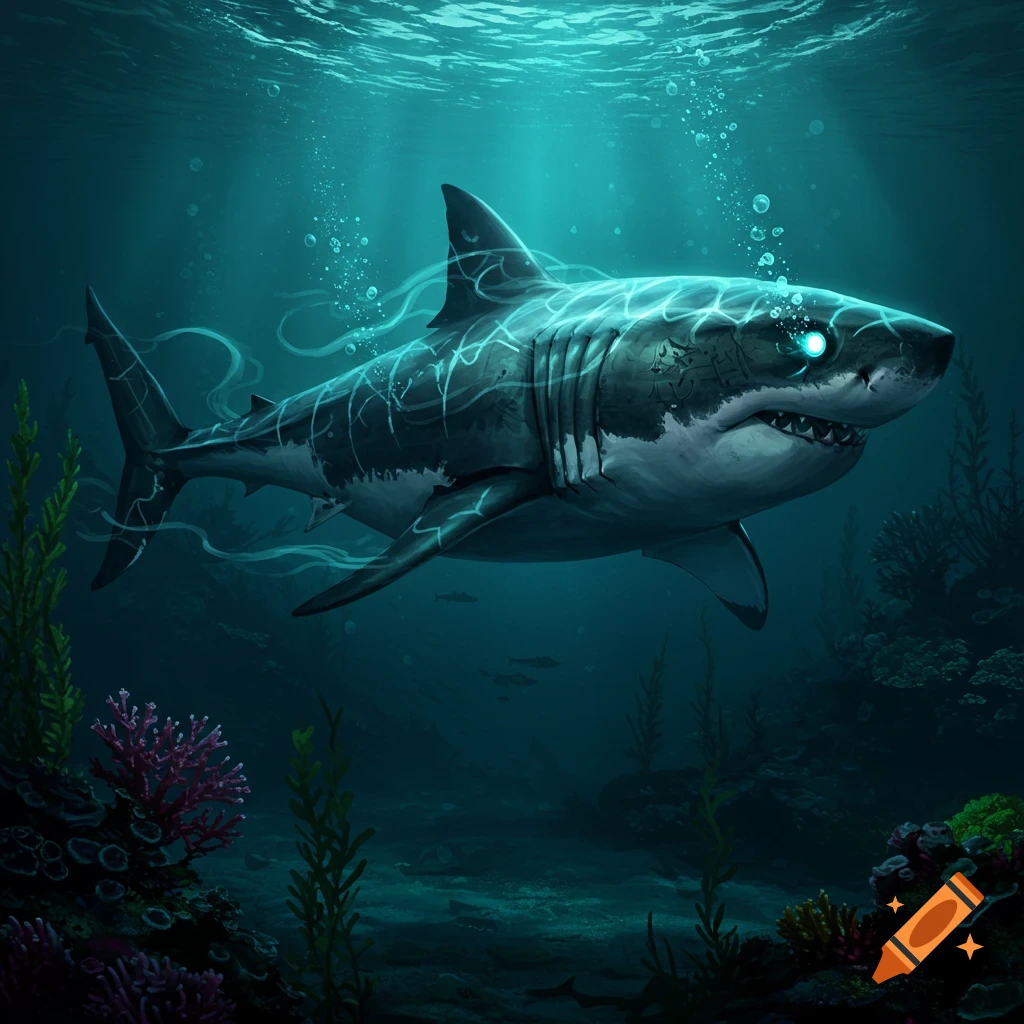 A glowing great white shark with blue light patterns and glowing eyes swims in a dark blue ocean, with sun rays from above.