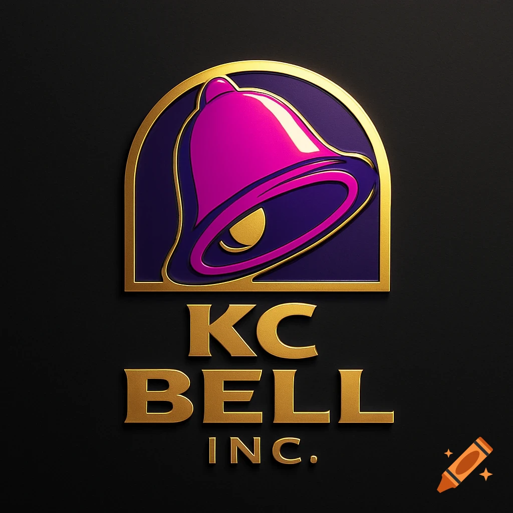 A 3D gold and magenta logo resembling Taco Bell's, featuring a bell within a golden arch, with 'KC BELL INC.' text below.