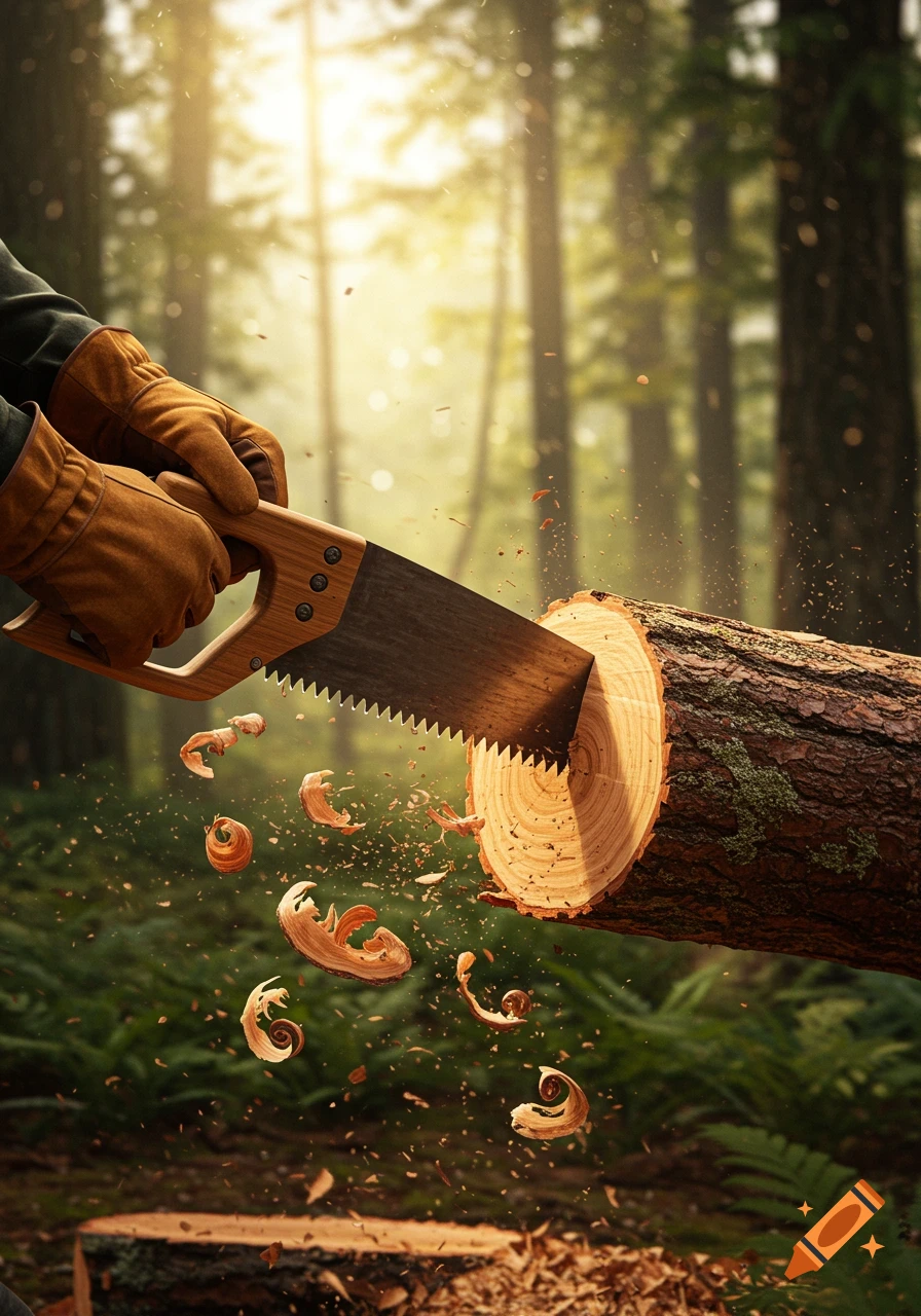 Gloved hands saw a log in a sunny forest, with wood shavings and sawdust flying.