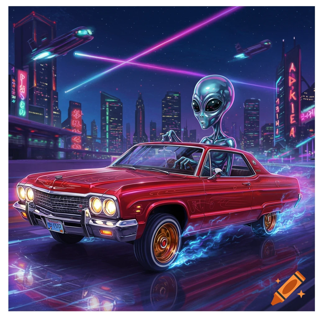 A stylized illustration of a grey alien in a red lowrider car, speeding through a futuristic city at night with neon lights.