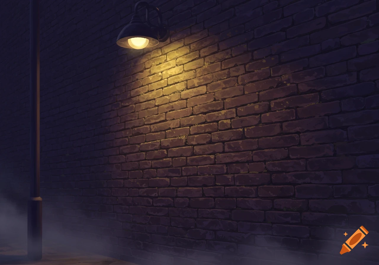 A dark brick wall in an alley is illuminated by a single glowing street lamp mounted on a pole, with mist rising from the ground.