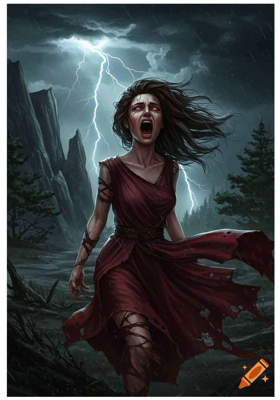A screaming woman with red eyes and torn dress stands in a stormy, rainy landscape with lightning in the background, digital painting.