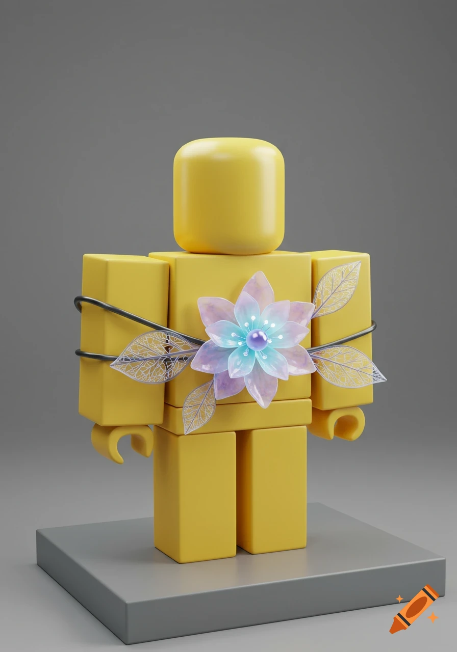 A 3D-rendered yellow Roblox-like avatar stands on a gray base, adorned with a glowing, ethereal pastel flower on its chest.
