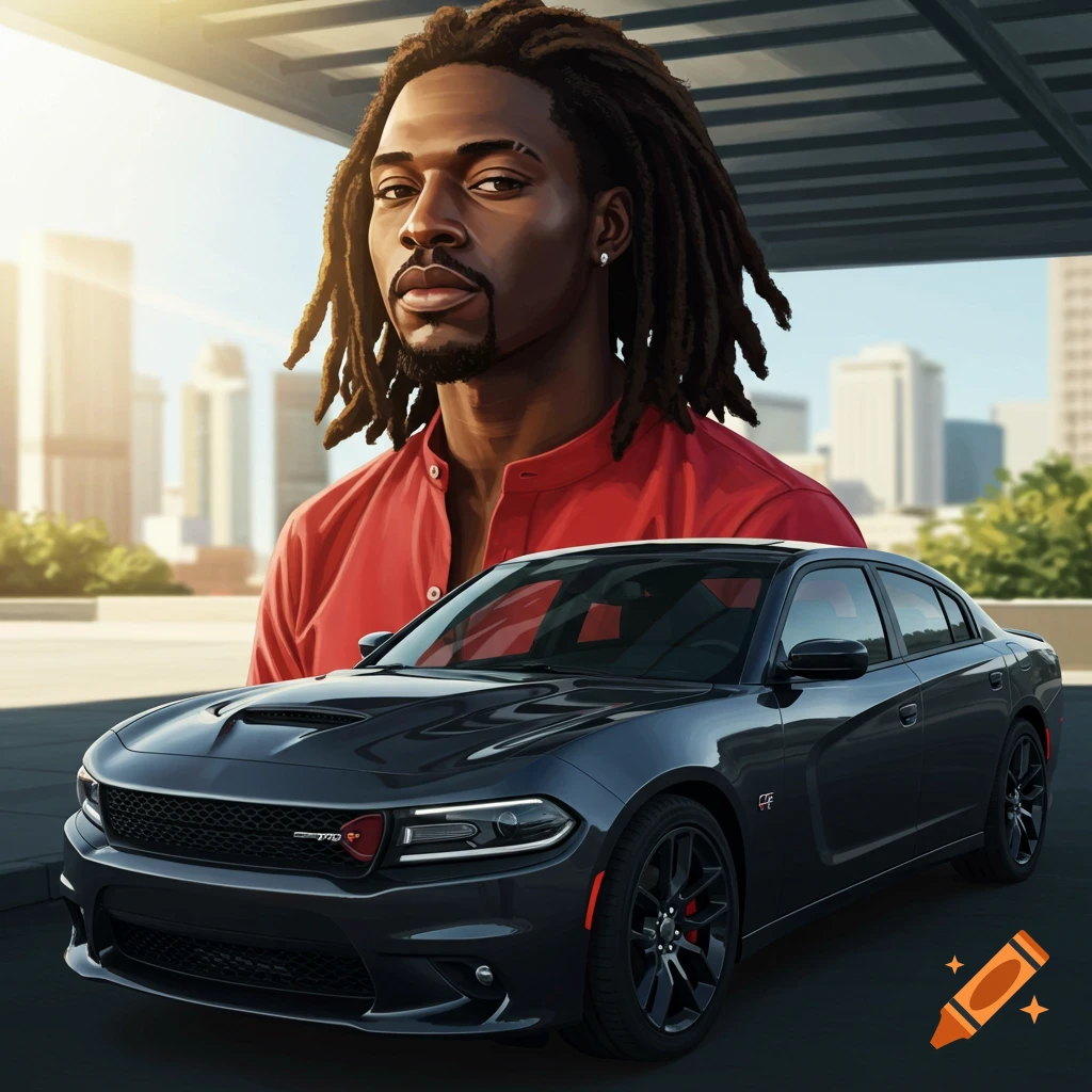 A man with dreadlocks and a red shirt stands behind a dark grey Dodge Charger sedan in a city setting, photorealistic style.