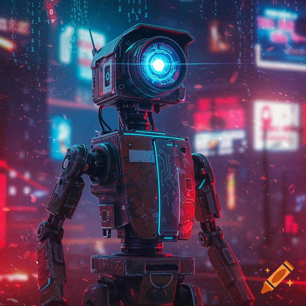A detailed robot with a camera head and glowing blue eye stands in a blurry cyberpunk city with neon lights and digital rain.