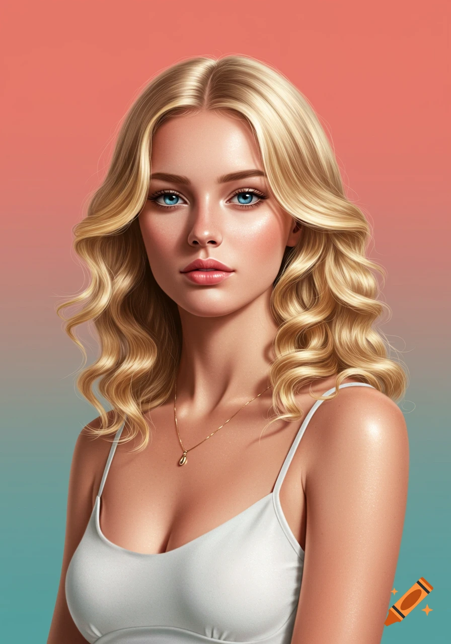 A photorealistic portrait of a blonde woman wearing a white tank top against a colorful gradient background.