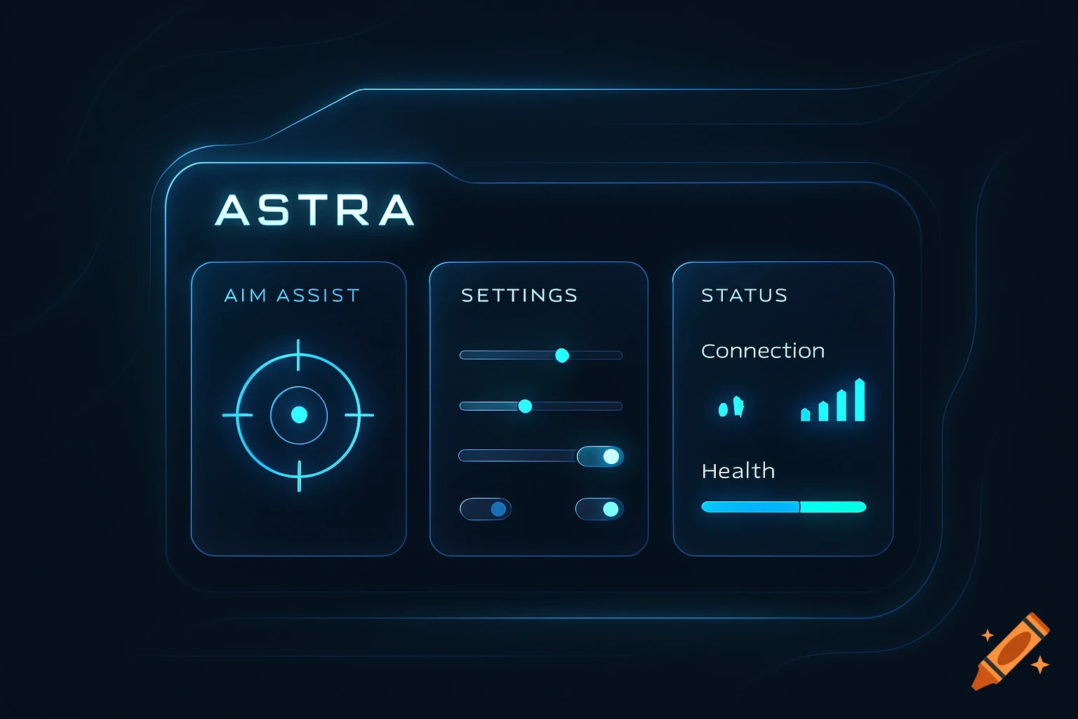 Sleek, futuristic blue and cyan gaming UI for 'Astra' with Aim Assist, Settings, and Status panels.