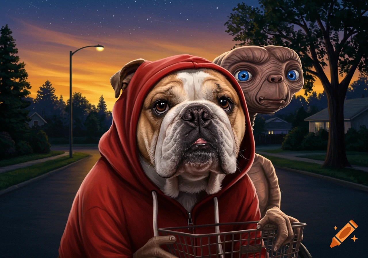 A digital illustration of an English bulldog in a red hoodie holding a basket, with E.T. peeking from behind, walking down a street at sunset.