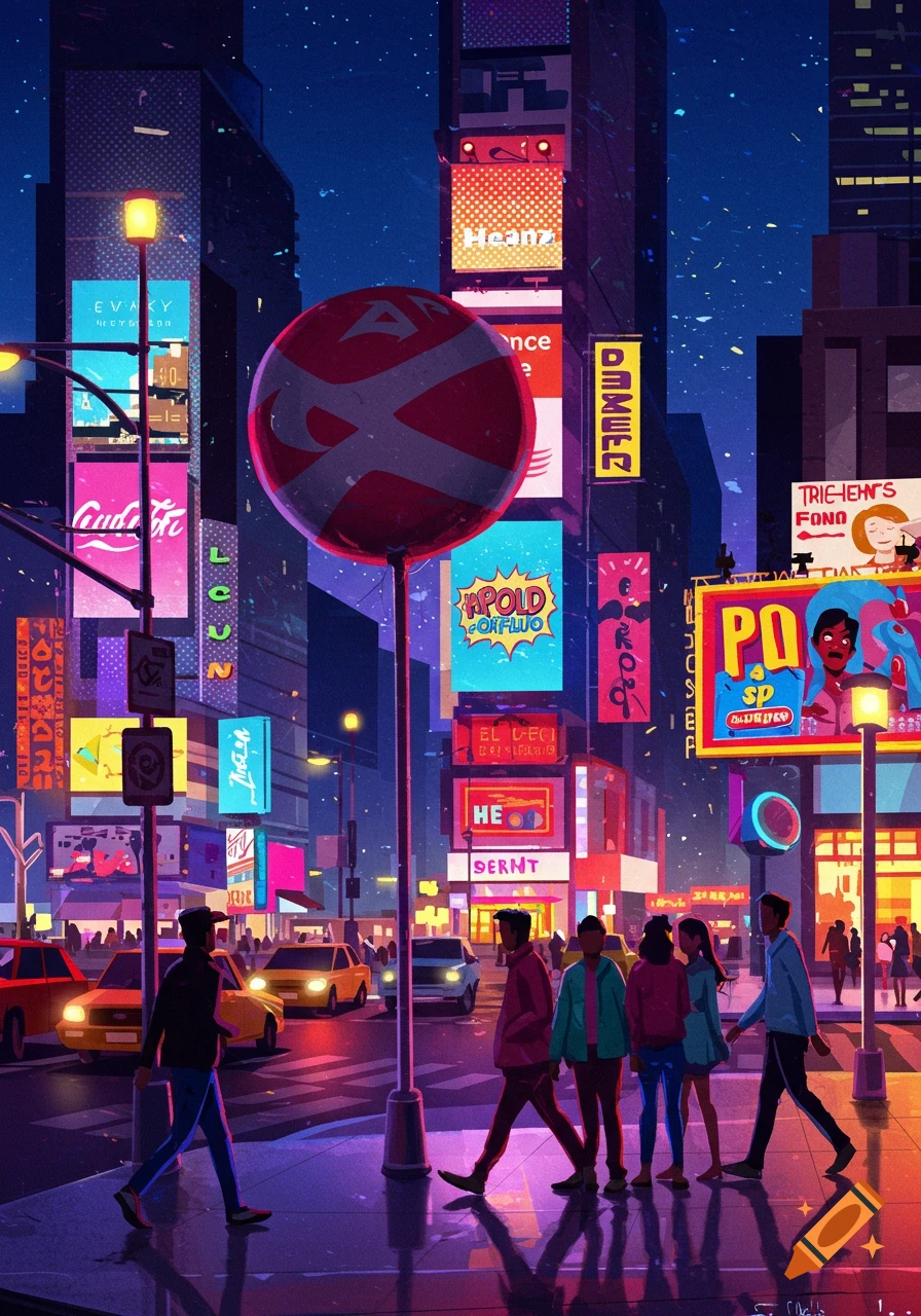 A stylized, vibrant night cityscape with tall buildings, bright neon signs, and people walking on a wet street. Cars are visible in the background, and a large red sphere with an 'X' is in the foreground.