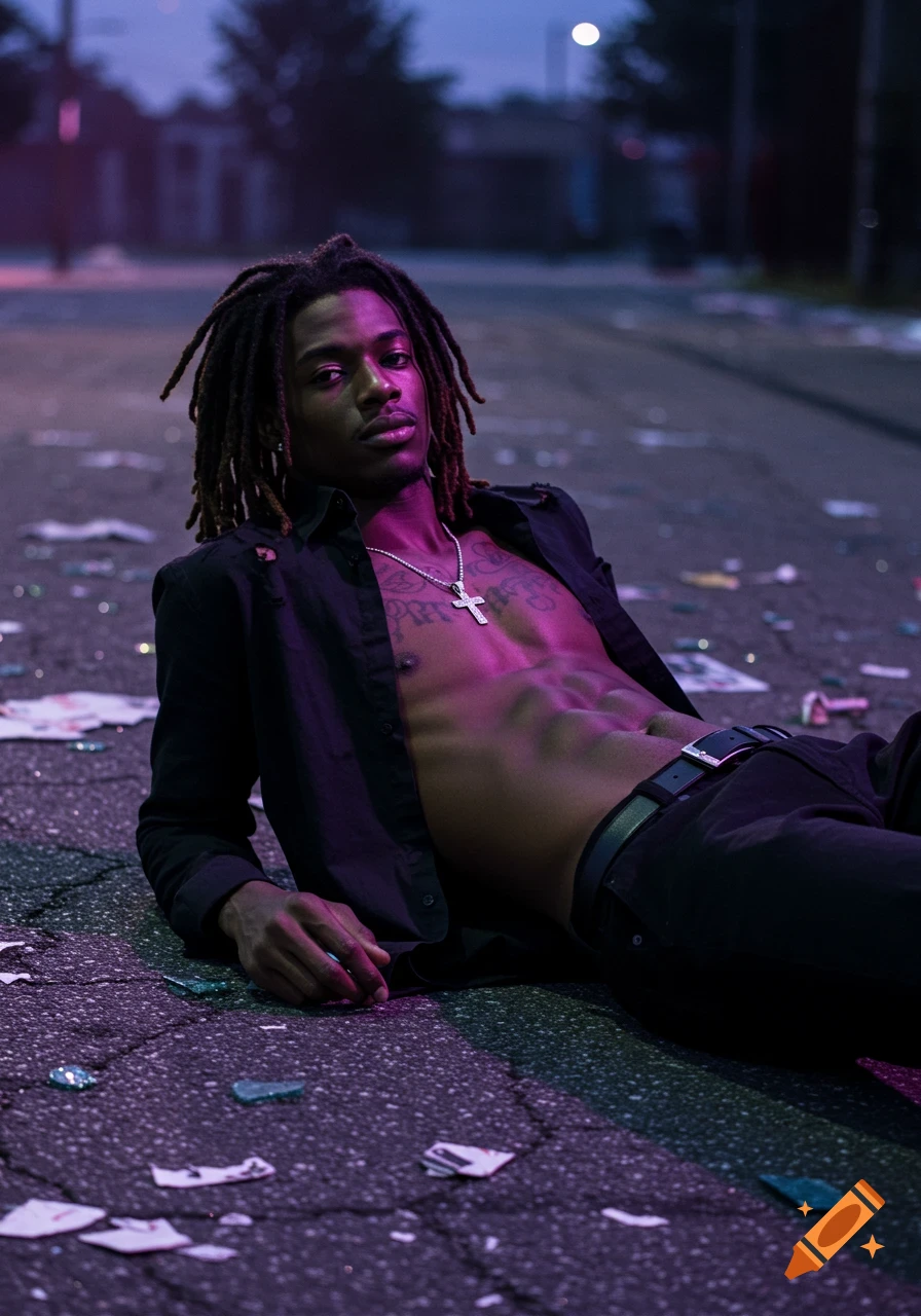 A young Black man with dreadlocks, wearing an unbuttoned black shirt and a cross necklace, lies on a broken road at night with purple lighting.