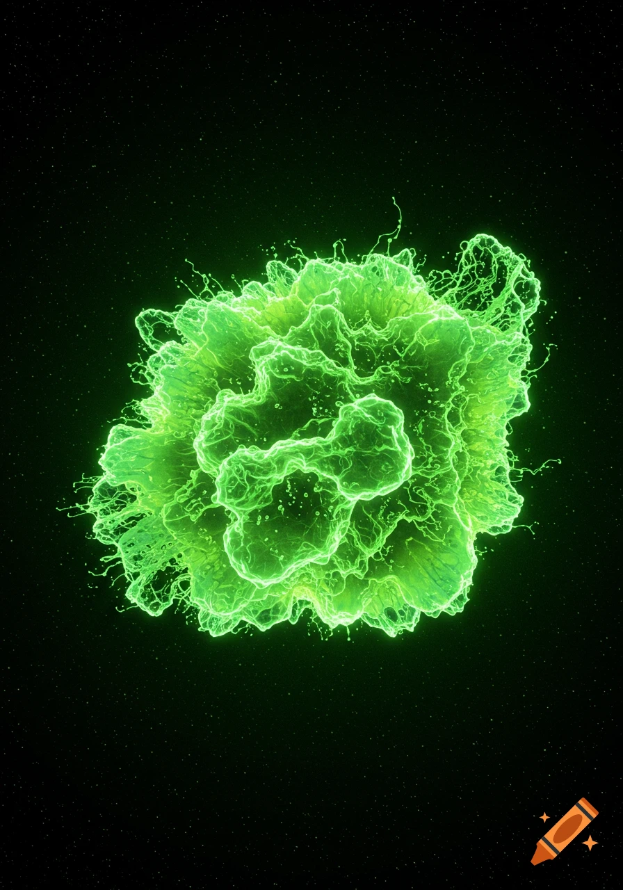 A glowing, vibrant green, amorphous mass with an irregular, splash-like shape, against a dark, starry background.