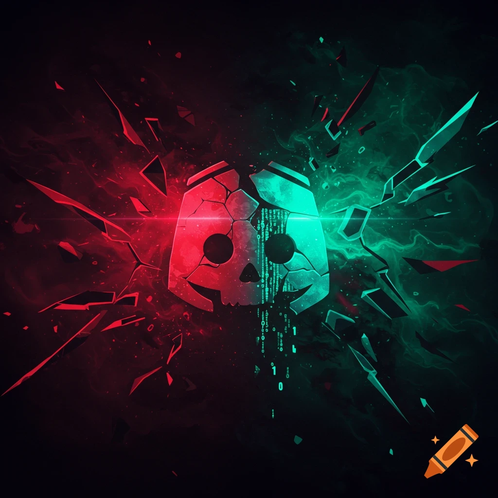 A shattered Discord logo, half red with cracks, half green with binary code, against a dark background with swirling smoke.