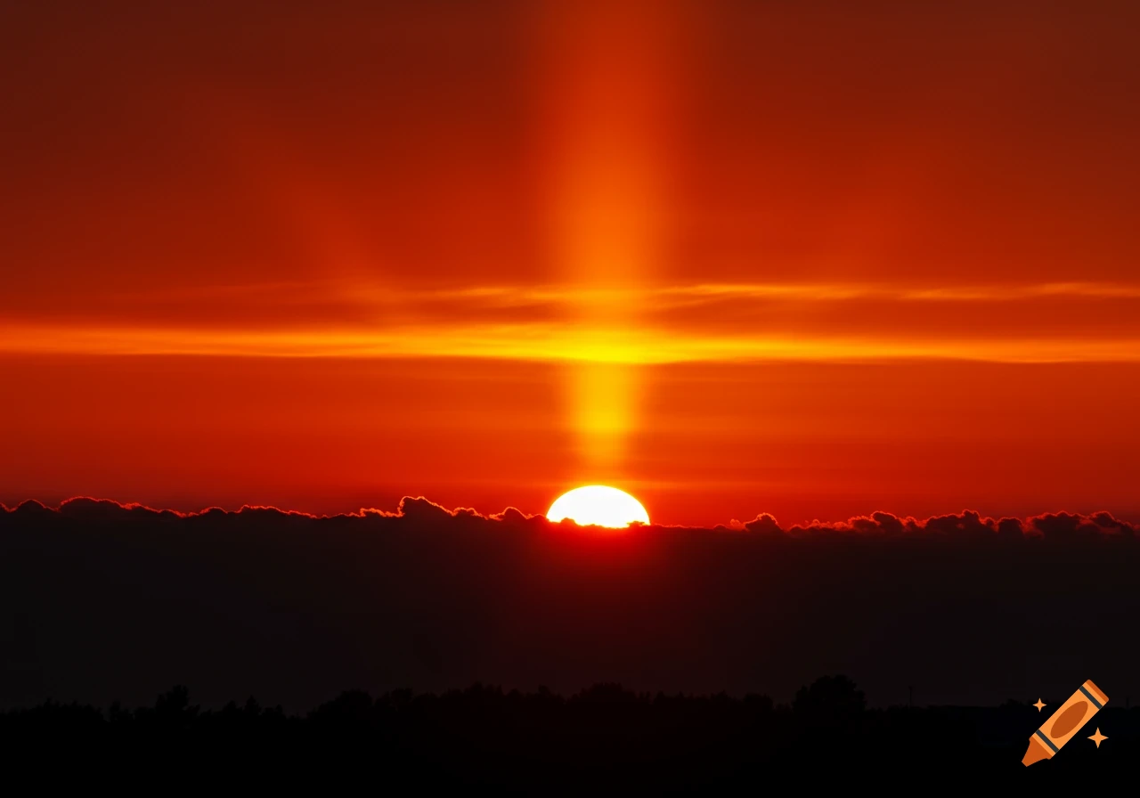 A vibrant red and orange sunset with a strong vertical sunbeam above the sun, peeking over dark clouds.