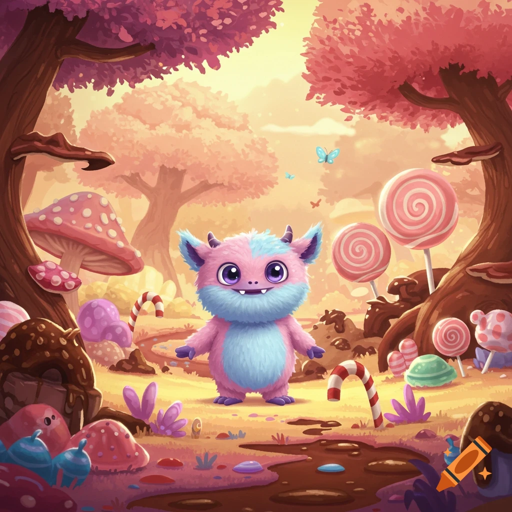 A cute pink and blue fluffy monster with horns stands in a vibrant candy forest with pink trees, lollipops, and mushroom-like sweets.