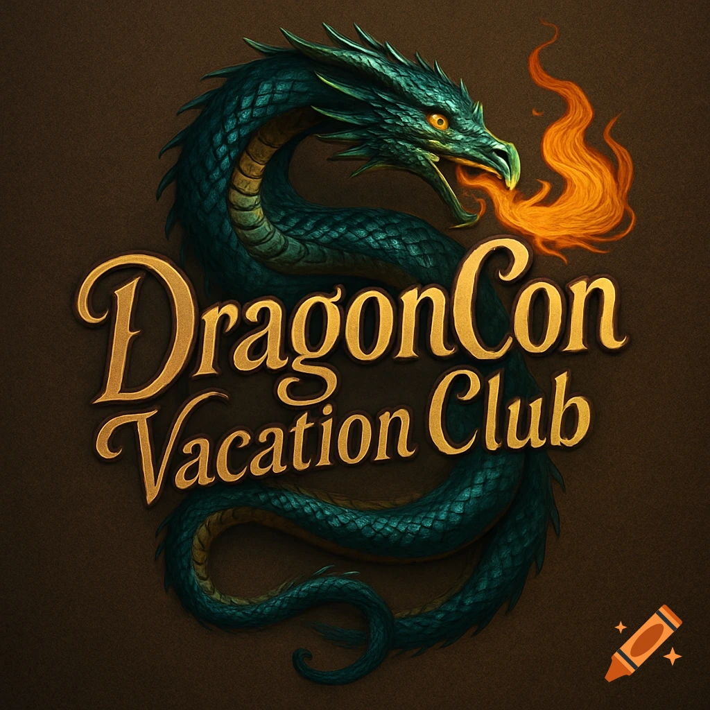 A dark green dragon with yellow eyes breathing fire, coiled around the golden text 'DragonCon Vacation Club' on a brown background.
