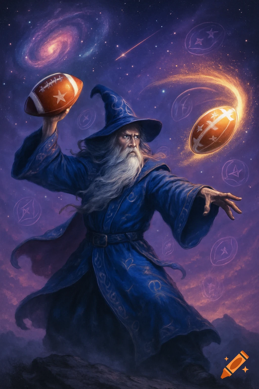 A wizard in blue robes and a pointed hat holds one American football aloft while another glowing football floats beside him. Stars and galaxies fill the purple night sky.