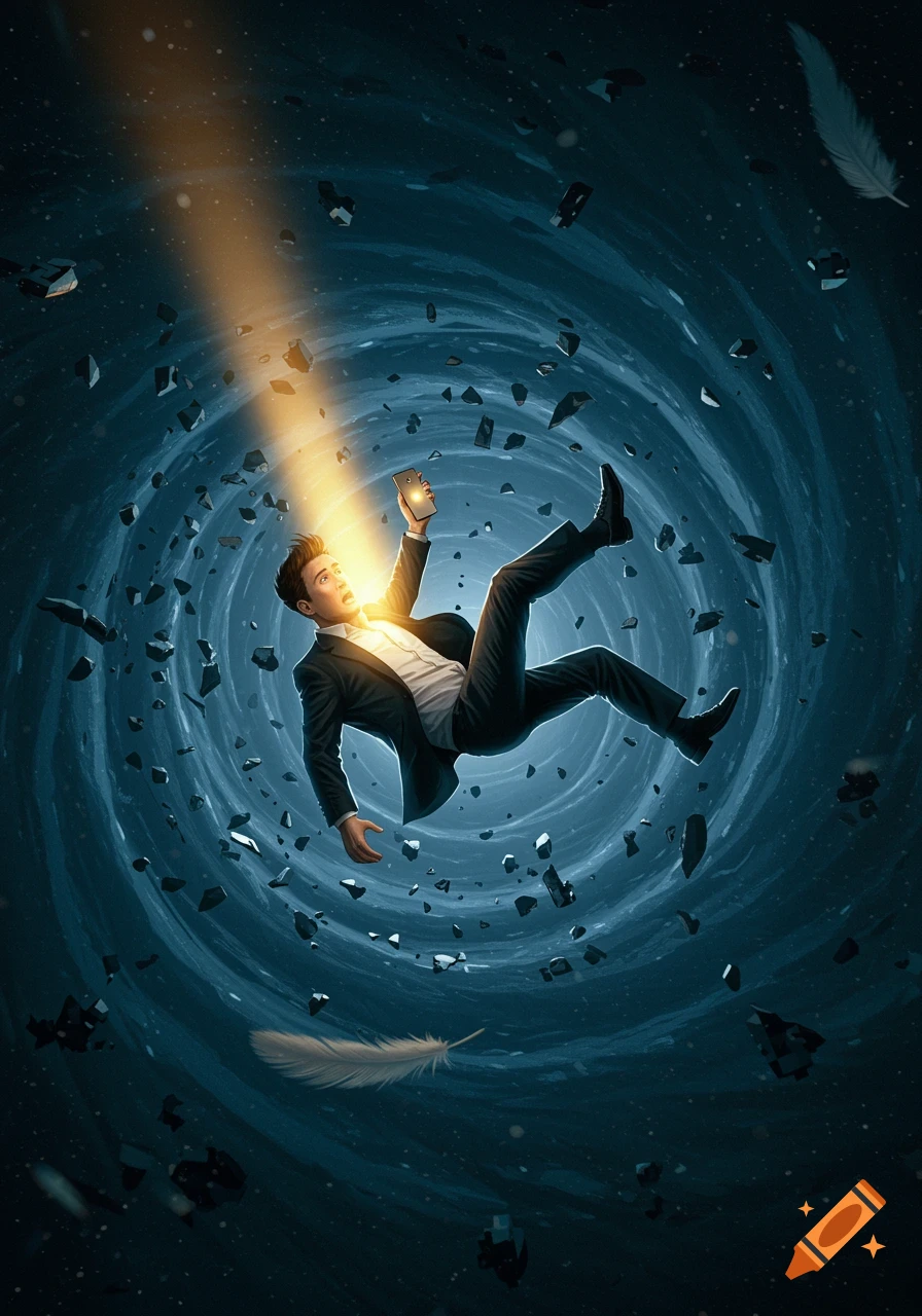 A man in a suit falls into a swirling dark hole, holding up a glowing smartphone as a light beam shines down on him.