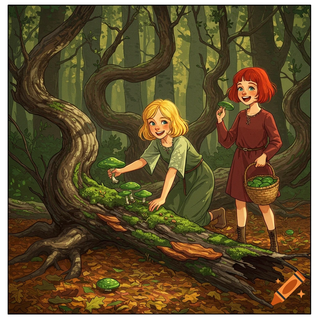 Two happy girls, one blonde and one red-haired, picking green mushrooms by a fallen log in a whimsical forest illustration.