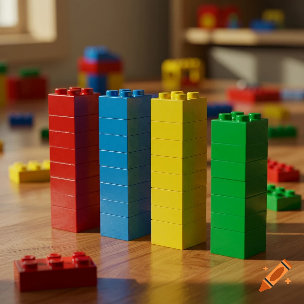 Four tall, photorealistic stacks of red, blue, yellow, and green Lego bricks on a wooden floor.