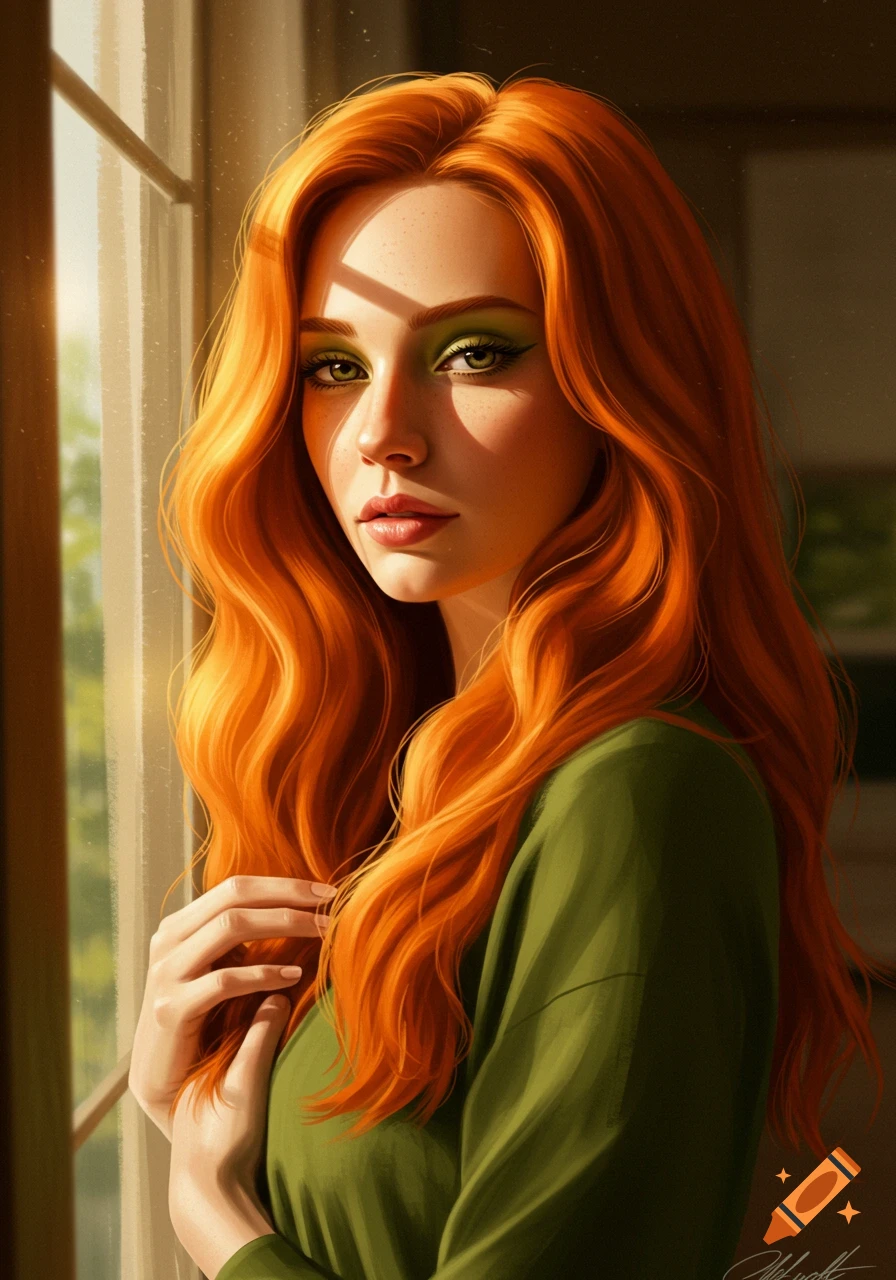 Close-up digital painting of a woman with long red hair and green eyeliner, looking at the camera with sunlight on her face.