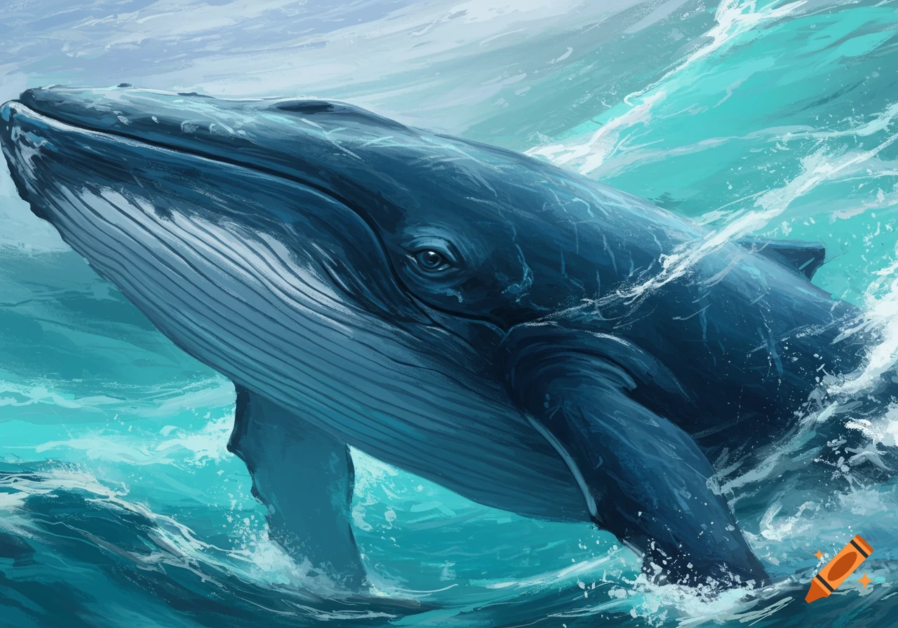 A large blue whale breaches through crashing waves in a vibrant, painterly style.