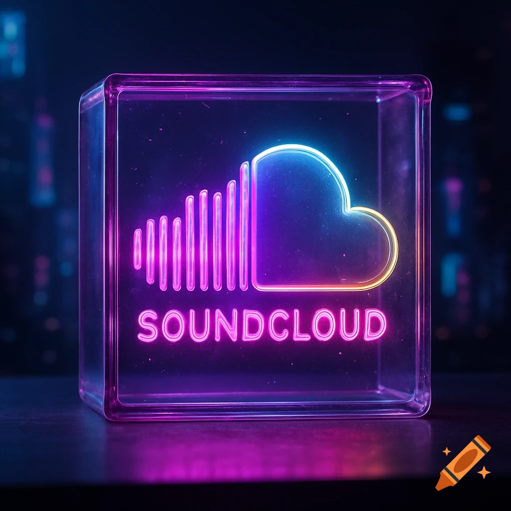 Hyper-realistic neon SoundCloud logo glowing inside a transparent glass cube against a blurred Tokyo cyberpunk cityscape.