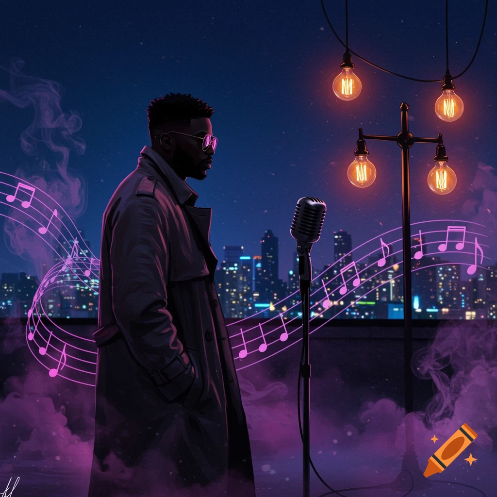 A man in a trench coat and glasses stands at a microphone on a city rooftop at night, surrounded by glowing musical notes and city lights.