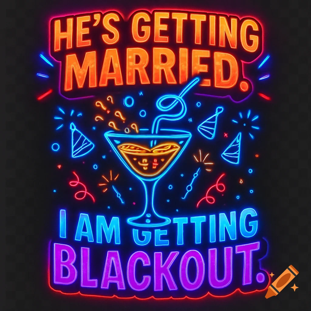 Neon sign illustration with 'He's Getting Married. I Am Getting Blackout.' text, cocktail, and party elements.