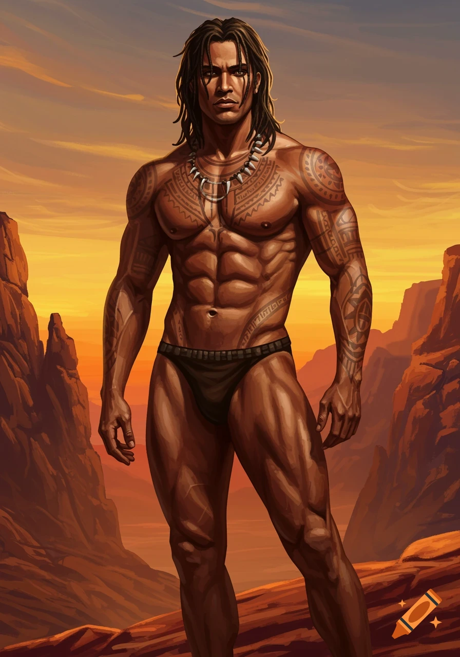 Muscular man with long dark hair and tribal tattoos wearing briefs, standing in a desert canyon at sunset, digital painting.