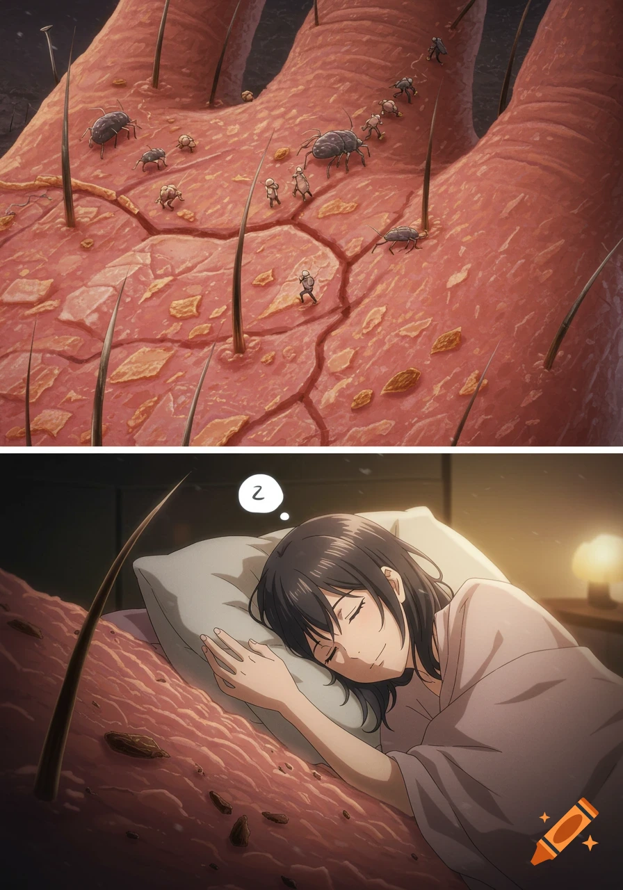 A two-panel image. The top shows a micro-scale view of human skin with hair follicles, dead skin flakes, and tiny explorers and mites traversing it. The bottom shows a sleeping anime girl with a dream bubble containing the number '2' above her head.