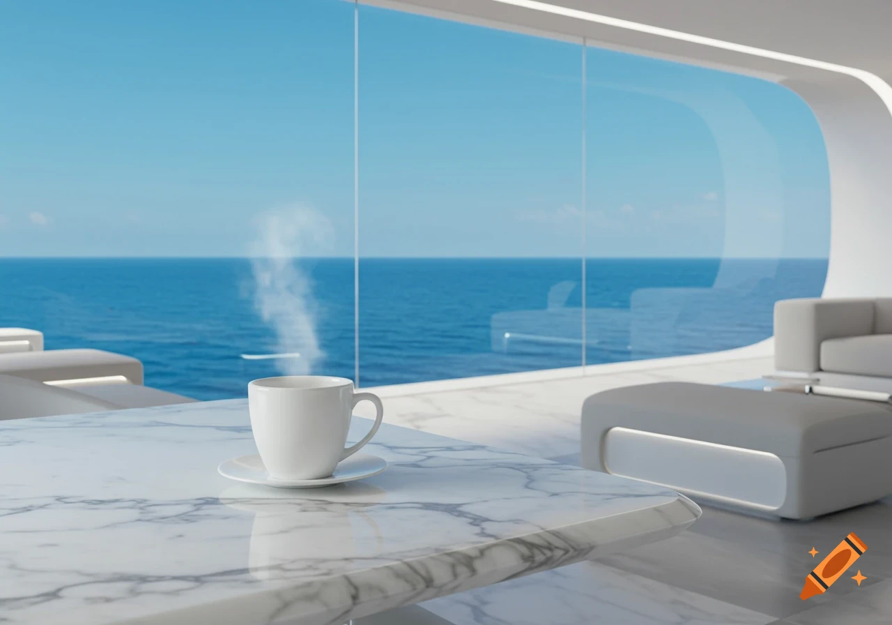 A steaming cup on a marble table in a modern room with large windows overlooking the ocean.