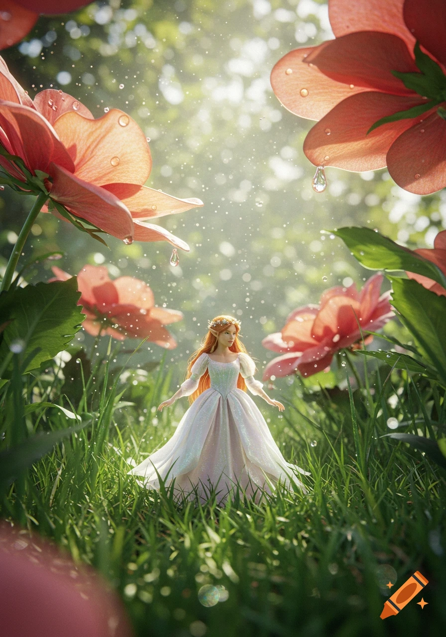 A tiny, fairy-like woman in a white dress stands in lush green grass surrounded by giant, dew-kissed pink flowers under dappled sunlight.