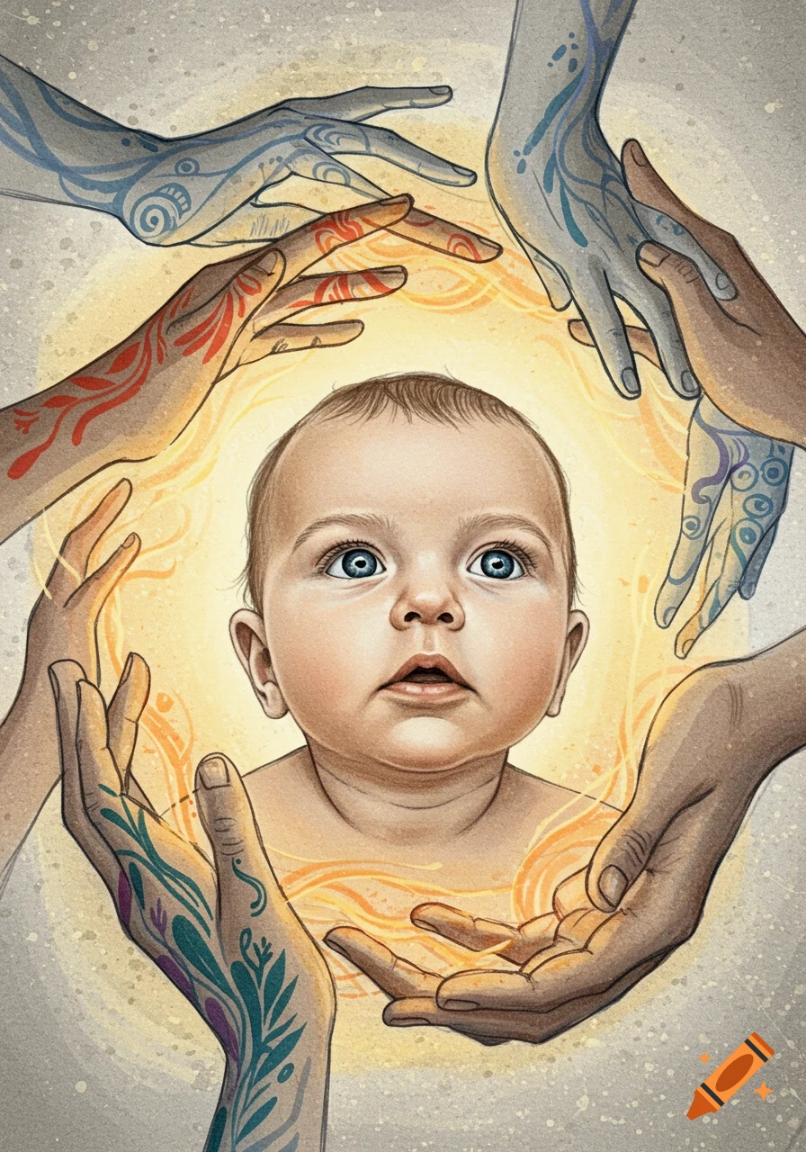Illustrated baby with blue eyes surrounded by various hands with colorful flowing patterns and a golden glow.