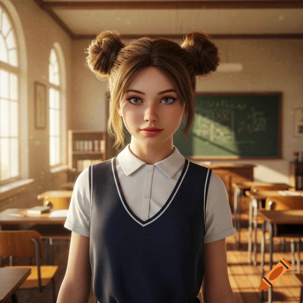 Photorealistic portrait of a young girl with space buns and light brown hair, wearing a white shirt and navy school uniform vest, standing in a sunny classroom.