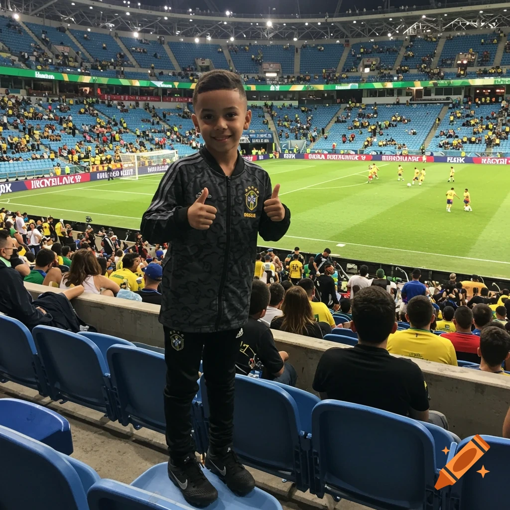 A smiling young boy in a black tracksuit stands on stadium seats, giving two thumbs up, with a soccer game and blurred spectators in the background.