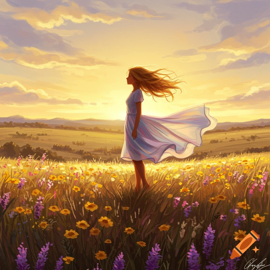 Illustrative scene of a girl in a white dress standing in a wildflower field with her hair blowing in the wind at sunset.