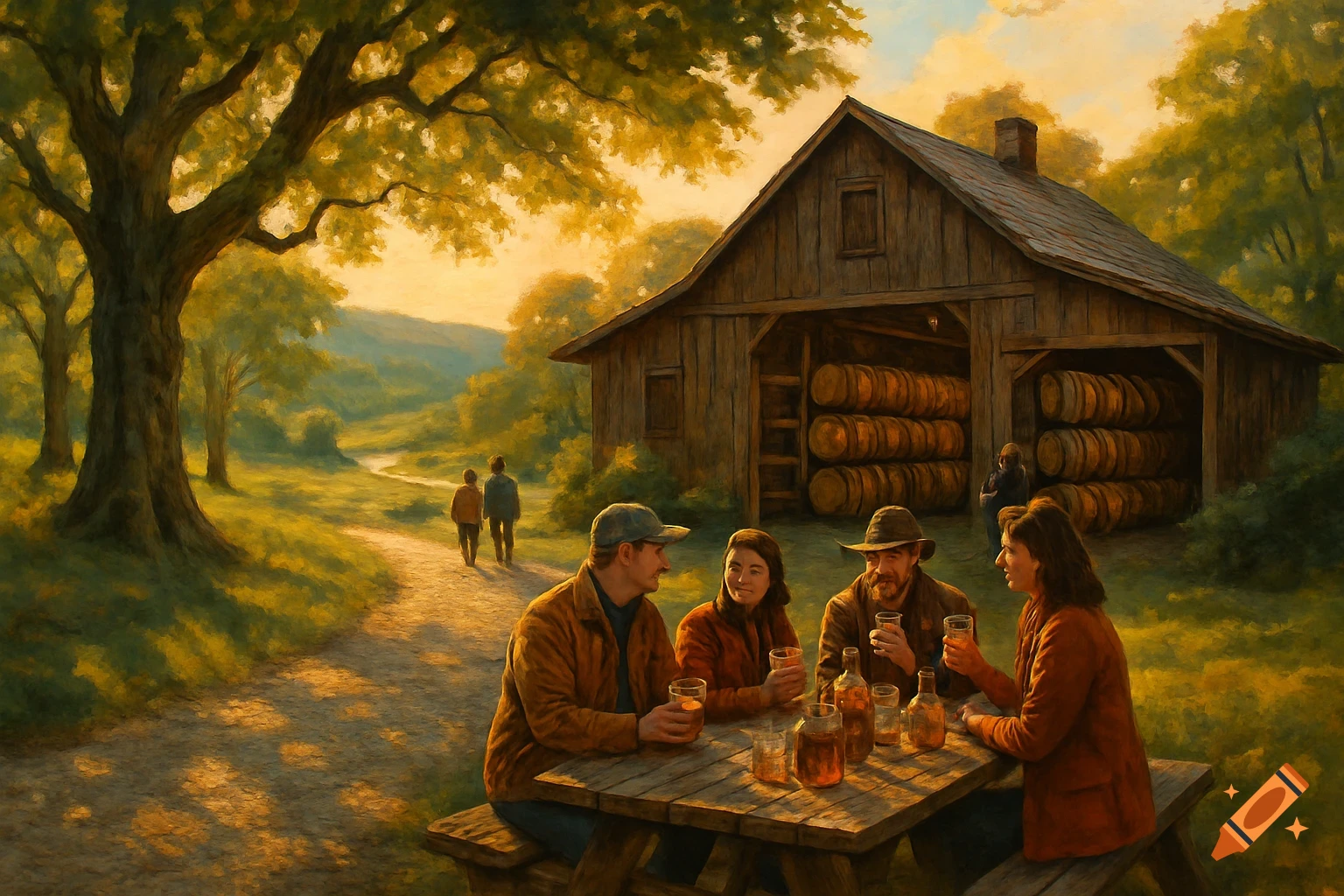 A group of people sitting at a picnic table, drinking next to a barn with barrels, in a golden hour rural landscape painting.