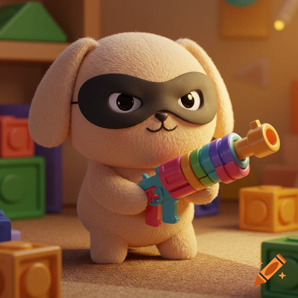 A cute 3D rendered plush dog toy wearing a black mask and holding a colorful toy gun, surrounded by building blocks.