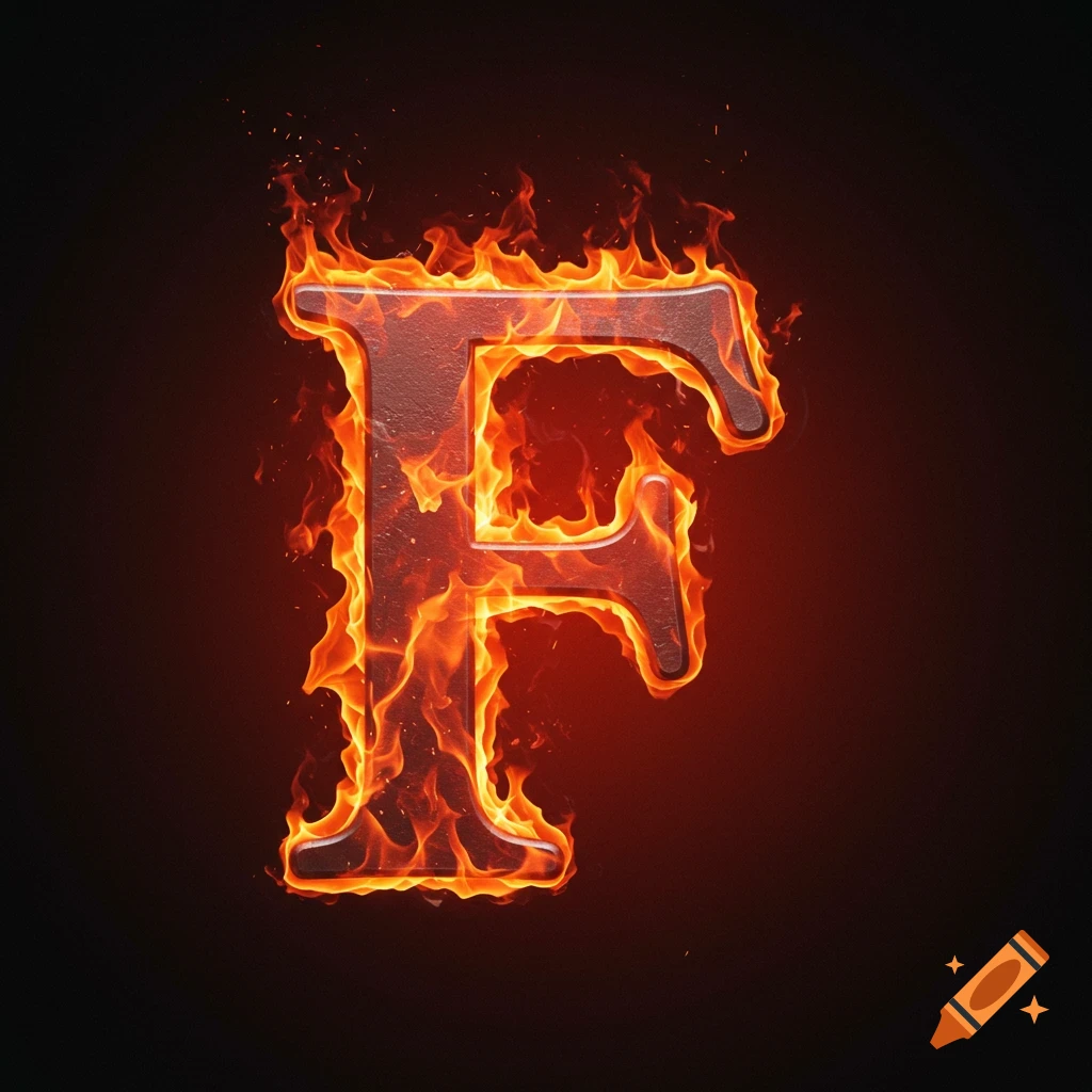 A bold letter F engulfed in vibrant orange and red flames against a dark background.